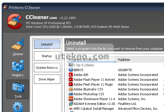 CCleaner tools window