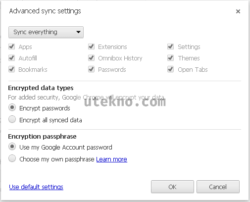 Google Chrome Sync advanced settings