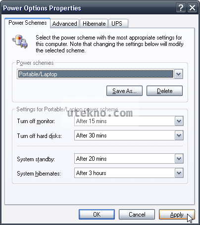 Windows XP Power Options Power Schemes