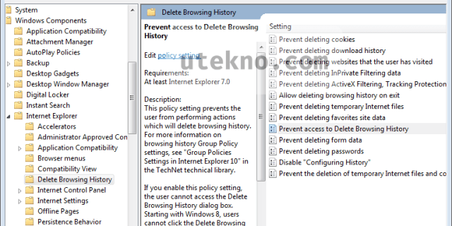 gpedit user configuration delete browsing history