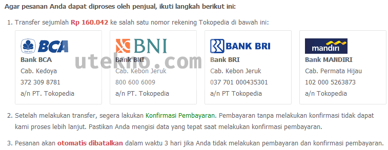 Cara pembayaran Tokopedia lewat transfer Bank uTekno