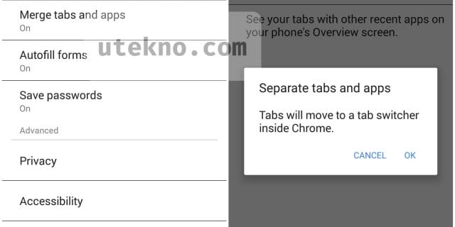 android chrome merge tabs and apps settings