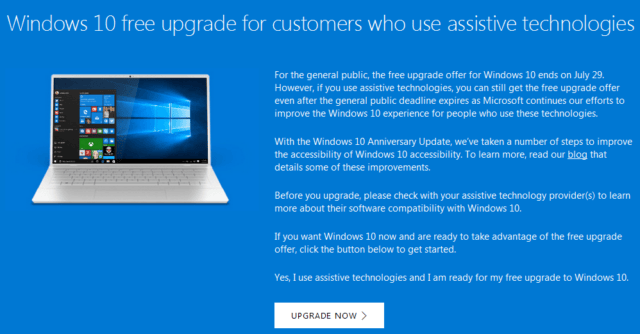 Windows 10 upgrade for assistive technology users