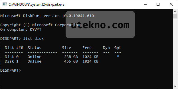 cmd diskpart list disk